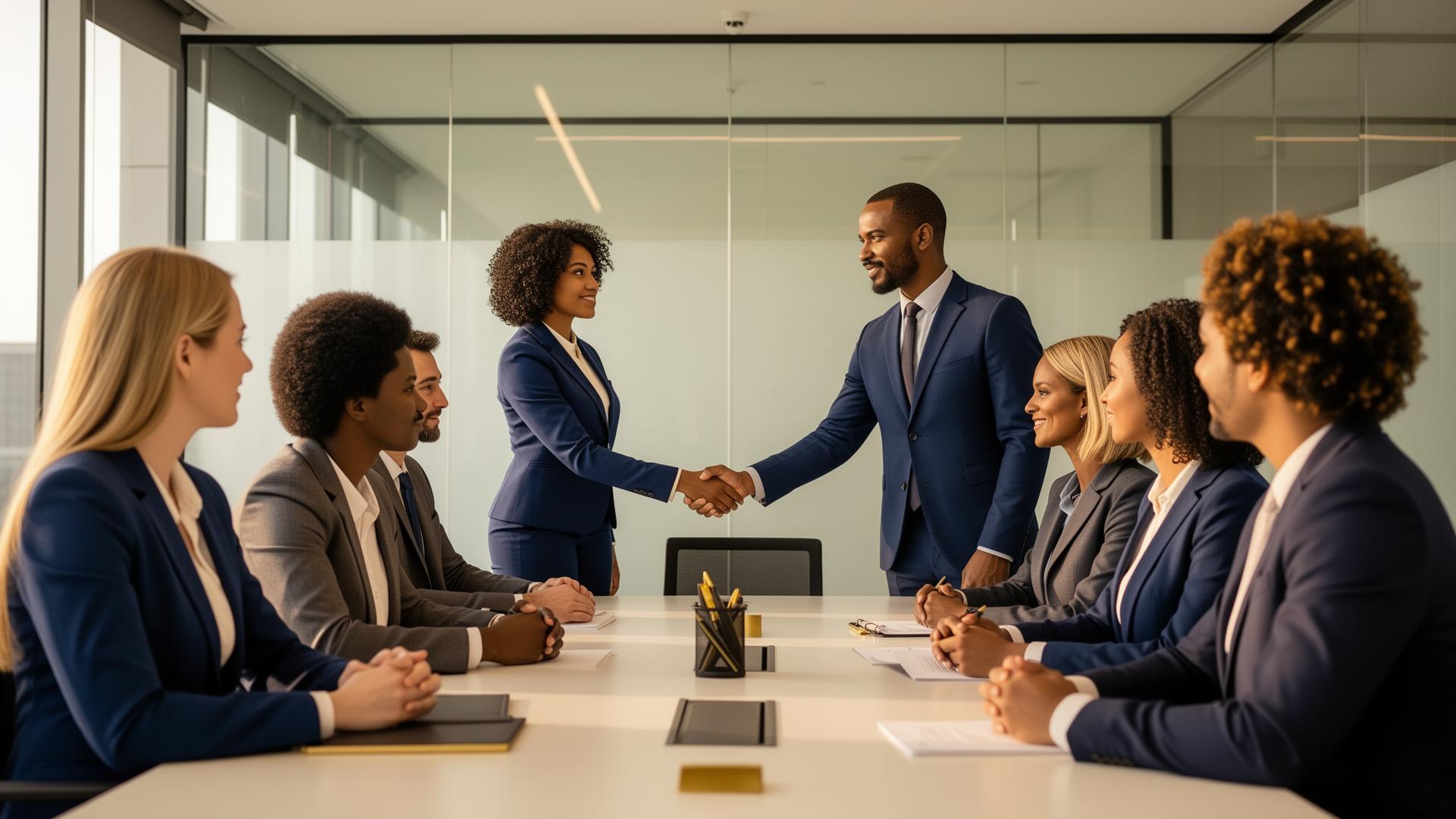 Professional business team discussing HR strategy in modern office
